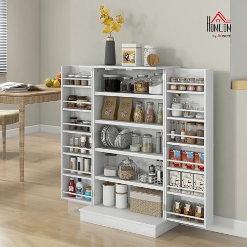 HOMCOM 41" Kitchen Pantry Storage Cabinet, Freestanding Kitchen Cabinet with 12 Door Shelves, Double Doors, 5-Tier Shelving and Adjustable Shelves, White - color: White, size: 41"H
