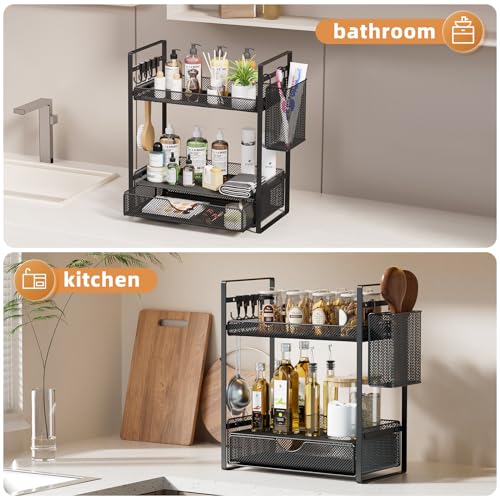 VITVITI 2 Tier Bathroom Organizer Countertop with Drawer, Metal Mesh Bathroom Counter Vanity Organizer Storage, Bath Room Sink Kitchen Spice Rack with Basket Hooks, Black - color: Black