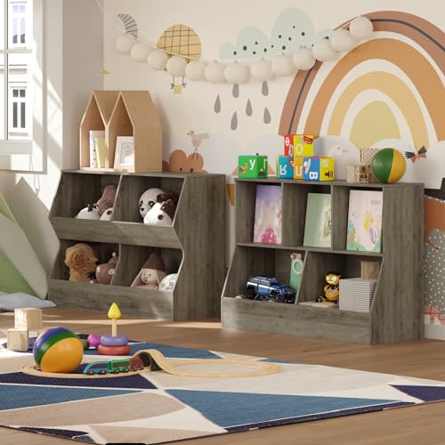 DINZI LVJ Toy Storage Organizer, Kids Bookshelf, Wood Toy Storage Cabinet, 5 Cubby Children Bookcase, 39.4" L Toddler Book Shelf for Playroom, Living Room, Nursery, Hallway, School, Gray Wash - color: Gray Wash, size: 2-Tier 39.4"