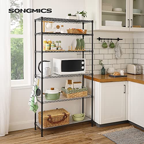SONGMICS 6-Tier Storage Shelves, Wire Shelving Unit, Kitchen Metal Shelves, Storage Rack with Adjustable Shelves, Shelf Liners, 8 Hooks, for Garage, 13.8 x 35.4 x 69.7 Inches, Black ULGR096B01 - color: Ink Black, size: 6 Tiers (13.8"D x 35.4"W), style: Wi