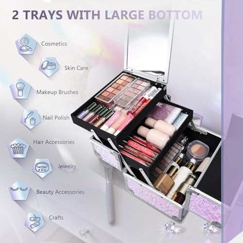 Joligrace Makeup Train Case Makeup Case Organizer Portable Cosmetic Box Storage with 2 Trays Mirror Locking with Keys Make Up Travel Case Nail Kits Traveling Makeup Box Shiny Purple - color: Shiny Purple
