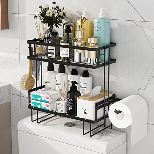 Godboat Bathroom Organizers, 2-Tier Over Toilet Storage, Floating Shelves with 2 Hooks & Paper Holder, Wall Mounted Shelf Furniture, Cool Accessories & Decor, Gifts for Women, Mothers Day (Black) - color: Black, size: 2-Tier