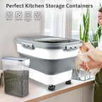 Komzon Rice Storage Containers, Collapsible 20 to 30Lbs Food Storage Bin Dispenser with Rolling Wheel and Clear Airtight Lid, BPA Free Flour, Sugar, Cereal and Dog Cat Pet food Containers - color: White
