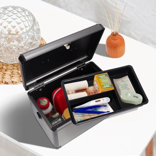 Medicine Lock Box with Key, Alluminum Alloy Box for Medication,First Aid Box with a Removeable Tray to Store Medicines & Pills for Home, Black 12 * 7.68 * 7.87 Inch - color: Black, size: Medium-12inch
