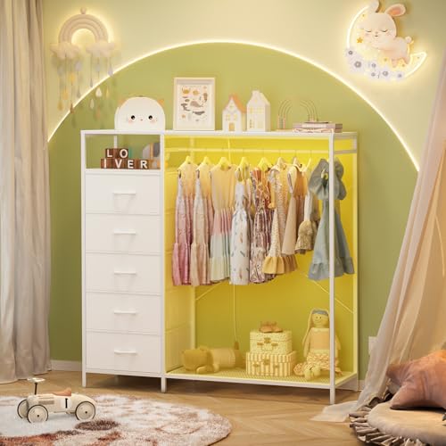 47 Inch White Dresser with LED Lights & Hanging Rack, 5 Drawer Fabric Dresser with Charging Station and Shelves, Tall Closet Organizer for Bedroom Clothes Storage - color: White, size: 11.8"D x 39.4"W x 31.5"H (5 Drawers)