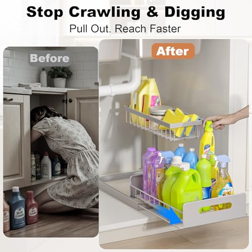 REALINN Under Sink Organizer, Pull Out Cabinet Organizer 2 Tier Slide Out Sink Shelf Cabinet Storage Shelves, Storage for Kitchen Bathroom, Grey, 2 Pack - color: Grey, size: 2 Pack