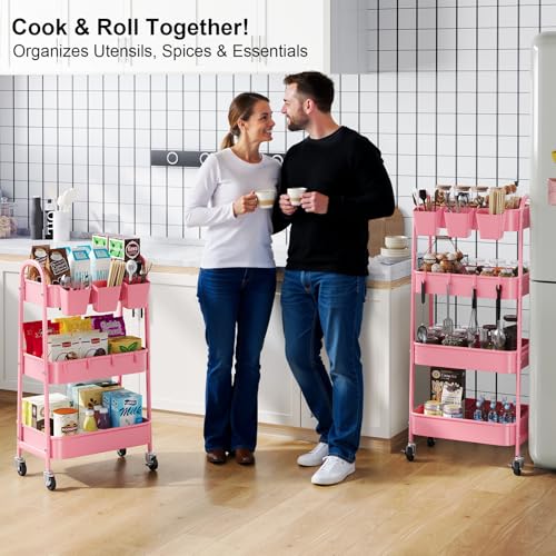 4 Tier Rolling Cart Metal with Lockable Wheels, Four Tiered Pink Trolley Cart on Wheels, Utility Storage Organizer Carts for Bathroom, Kitchen, Art, Craft, Baby Diaper Caddy, Snack, Makeup, Nail, Lash - color: Fashion Pink, size: 4 tier