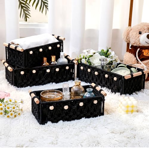 Vesici 4 Pcs Macrame Storage Basket for Shelves 13 in 11 in Boho Storage Basket Hand Woven Boxes with Wood Handles Beads Decorative Countertop Toilet Tank Cabinet Organizer for Home Room Decor (Black) - color: Black