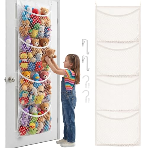 Ofiray-home Over The Door Stuffed Animal Storage, Cotton Toy Organizer for Storage Plush Toys, Stuffed Animal Holder with 4 Large Pockets, Hanging Door Organizer for Nursery, Bedroom (White) - color: White, size: Normal