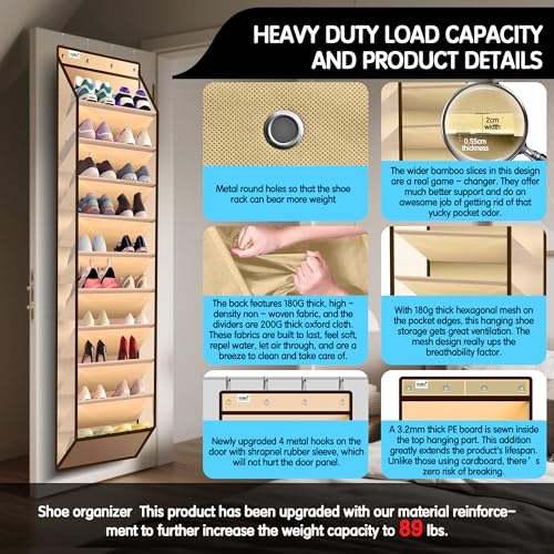 Kotkn 10 Tier Over The Door Organizer - Heavy Duty Hanging Storage Rack with Sturdy Oxford Fabric, Holds 20+ Pairs of Footwear, Boots & Sneakers, Saves 50% Closet Space(Beige) - color: 10-cell Beige