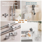 Broom Holder Mop Hanger(2pcs Racks & Hook Set),Wall Mount Organization Rack,No Drill Suction Cup Adjustable Organizer with Hooks for Bathroom Kitchen Garage Laundry Room (Grey)
