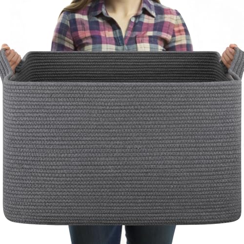 OIASKET 95L Large Blanket Basket, Blanket Storage Living Room, Rectangle Woven Baskets for Storage Toys, Towels, Dirty Clothes Organizer Bins (Dark Grey) - color: Dark Grey, size: 24"x16.9"x14.2"