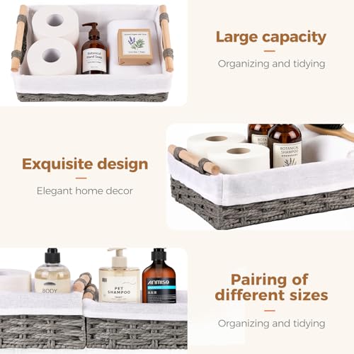 HomeHacks 2 Pack Storage Basket Paper Rope Baskets for Organizing with Handle Decorative Storage Bins for Countertop Toilet Paper Basket for Toilet Tank Top Small Baskets, Grey