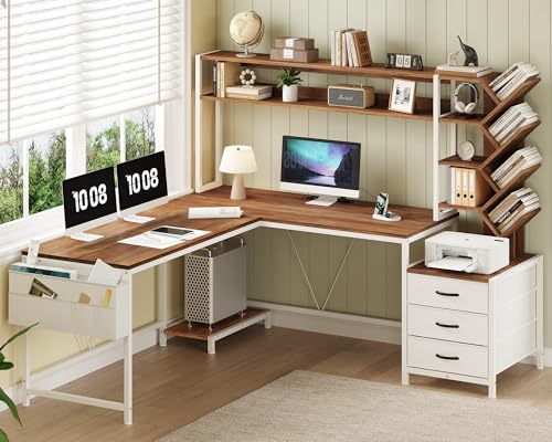 YOMILUVE L Shaped Desk with Hutch, Reversible Computer Desk with Drawers and Bookshelf, Home Office Desks with Storage Shelves for Bedroom Home Office, Brown and White - color: Brown and White
