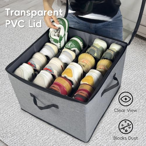 Shoe Organizer Box 2 Pack, Shoe Storage Organizer with Clear Cover, Adjustable Dividers Fits 16-32 Pairs, Fabric Shoe Organizer for Closet, Grey - color: 2 Pack -Grey