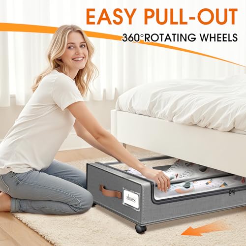 SpaceHacks Under Bed Storage with Wheels 3Pack Underbed Storage with Clear Window&Label Under Bed Drawers Large Capacity Rolling Under Bed Storage for Clothes,Shoes, Blankets (Light Grey) - color: Light Grey, size: 3 pack