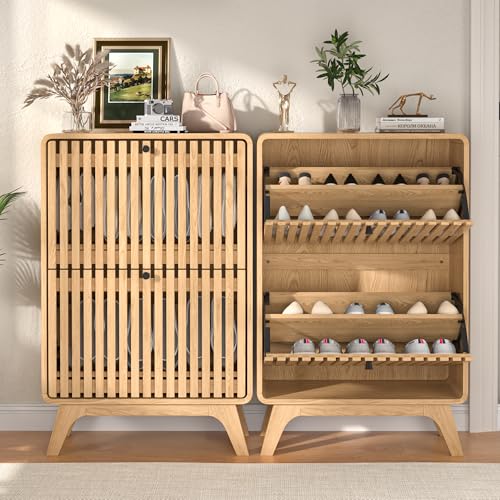 Jluomei Narrow Shoe Cabinet Storage for Entryway, Modern Cabinet Rack with 2 Flip Drawers, Slim Wood Fluted Entry Way Shoe Organizer, Wooden, Small, Farmhouse, Freestanding, Natural Oak (39.4 Inch) - color: Natural