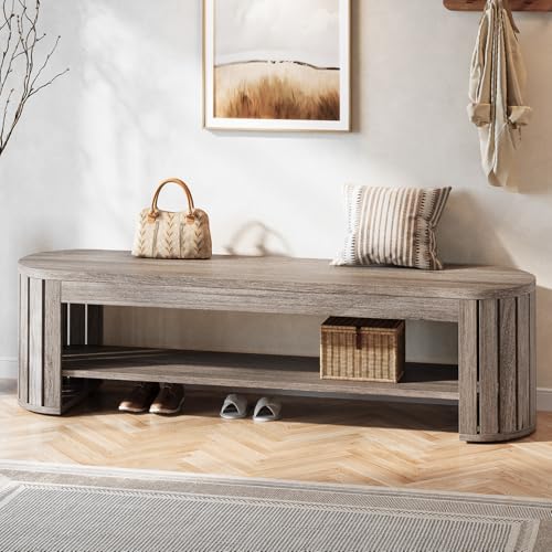 Tribesigns 63" Wooden Entryway Bench with Shoe Storage, Long 2-Tier Narrow Shoe Bench with Arc Vertical Slat Splicing Legs, End of Bed Stool for Bedroom, Entrance, Living Room (Beige Gray) - color: Beige Gray