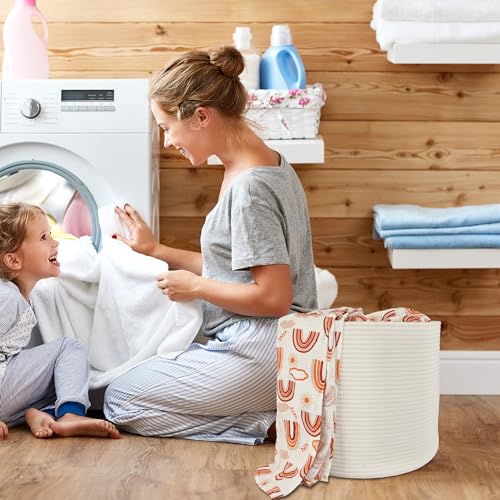 XUANGUO Cotton Rope Basket For Girls Boys Kids 16”X14” Baby Laundry Baskets Nursery Bin Round Woven Basket Organizer For Storage Toys Blankets Shoes Clothes white - color: white