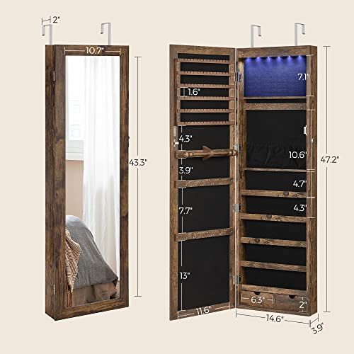 SONGMICS 6 LEDs Mirror Jewelry Cabinet, 47.2-Inch Tall Lockable Wall or Door Mounted Jewelry Armoire Organizer with Mirror, 2 Drawers, 3.9 x 14.6 x 47.2 Inches, Rustic Brown UJJC93CB - color: Rustic Brown