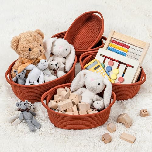 CubesLand Small Cotton Rope Storage Basket Set 5, Shelves Baskets for Organizing with Handle, Decorative Closet Storage Bins for Countertop Toilet Paper Basket for Toilet Tank Top,Rust Basket - color: Rust