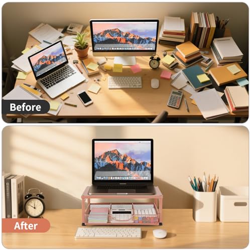Small Laptop Stand for Desk, Monitor Stand Riser, Office Desk Accessories, Computer Desktop Stand with Drawer for Home, Office, School (Bronze) - color: Bronze