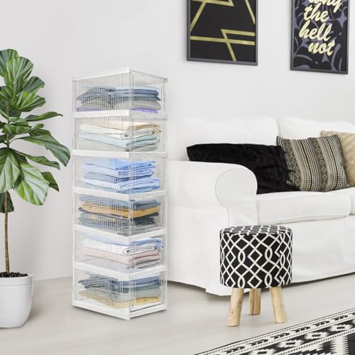 Hedume 6 Pack Clear Shoe Boxes Stackable, Drop Front Shoe Storage Box, No Assembly Plastic Shoe Organizer Storage Bin with Door, Free Standing Shoe Shelf Cabinet with Lid for Size 13, 13.6"x10"x7.9"