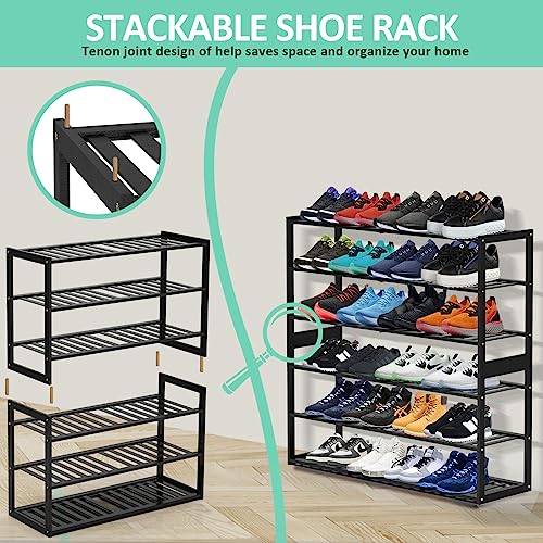 Jripae Bamboo Shoe Rack for Closet, 3 Tier 32.5inch Longer Shoe Organizer Shelf Holder Storage 12-15 Pairs Stackable for Entryway Door Hallway Bedroom Garage Space Saving Foldable Black - size: 3-tier-long/32.5*10.5*17in