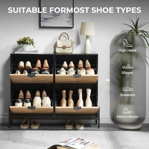 Shoe Cabinet Storage with 4 Flip Drawers, Narrow Hidden Shoes Organizer Cabinet for Entryway, Freestanding Slim Shoe Rack Front Door Entrance(Oak&Black) - color: Oak&black, size: Large