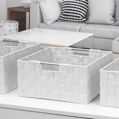 Sorbus Storage Box Woven Basket Bin Container Tote Cube Organizer Set Stackable Storage Basket Woven Strap Shelf Organizer Built-In Carry Handles (White) - color: White
