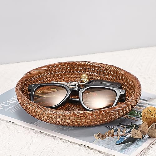 Hipiwe Small Key Basket Bowl for Entryway 7.6" Round Woven Wicker Basket Fruit Serving Tray Woven Basket Wall Decor Rattan Organizer Basket for Keys Wallet Cell Phone, Brown - color: Brown, size: X-Small, 7.6"