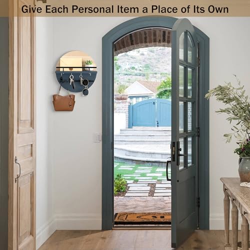 dreampossible Key Holder for Wall Decorative with Shelf and Hooks, Mail Organizer Wall Mount with Sunglasses Holder, Circular Design Entryway Key Rack Hanger, Rustic Home Decor - color: Light brown&Navy blue