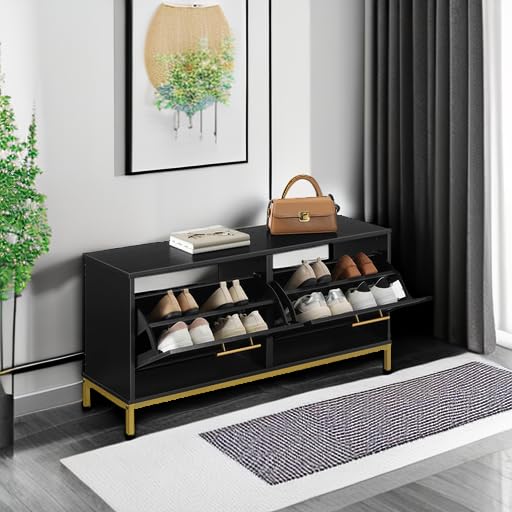 HOOBRO Shoe Bench with Storage, Shoe Storage Bench with 2 Flip Drawers, 39.4" Shoe Cabinet with Bench, Hidden Shoe Rack Organizer for Entryway, Foyer, Hallway, Mudroom, Black and Gold DB48HX01 - color: Black + Gold