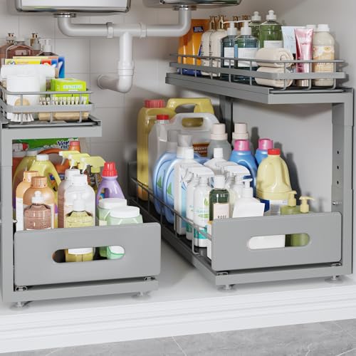 Under Sink Organizer Upgrade To Professional Rails,2-Tier Dual Pull Out Cabinet Storage,Height Adjustable Slide Out Drawers For Bathroom Kitchen,2 Pack-21"Dx12.8"-16.9"H,Gun Gray - color: Gun Gray, size: 2 Pack-21"Dx12.8"-16.9"H