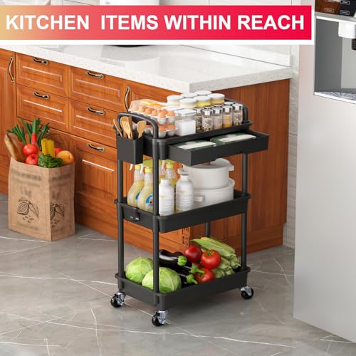 Goovilla 3 Tier Rolling Utility Cart Organizer with Removable Drawer, Stable and Sturdy Black Rolling Storage Carts with 2 Lockable Wheels for Bathroom, Kitchen, Snack, Craft, Makeup, Baby Essentials - size: 3 Tier, style: Black