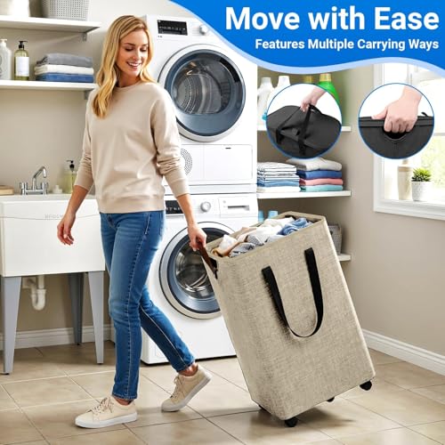 Laundry Basket with 5 Wheels, Tall Dirty Laundry Hamper, Rolling Laundry Basket with Lid, Collapsible Clothes Hamper for Bathroom Bedroom Dorm Laundry Room, Khaki, 75L - color: khaki, size: 75L