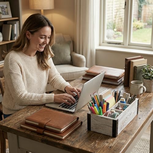MyGift Rustic Whitewashed Wood 5-Compartment Remote Control and Media Storage Organizer with Black Metal Corner Trim - color: White Washed
