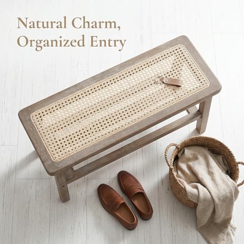 ROCITY Rattan Entryway Bench Wood Bench with Shoe Rack 30 Inch Small Bench Seat Storage Indoor Distressed Wooden Dining Bench Farmhouse Vintage Rustic Accent Bench for Porch/Dining Room/Living Room - color: Wood