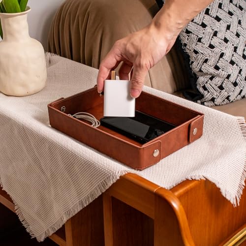 SANQIANWAN PU Leather Valet Tray Small NightStand Bedside Entry Table Trya for Phone Jewelry Glasses Keys and Coins Father's Day Birthday Gifts (Brown) - color: Brown