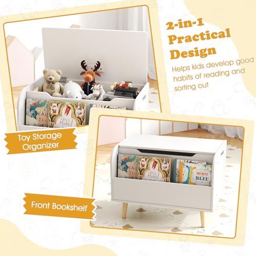 Costzon Kids Wooden Toy Box w/Front Bookshelf, Toy Storage Organizer w/ 4 Solid Wood Legs, Flip-top Lid, Safety Hinge & Cut-Out Handle, Toy Chest for Kids Room, Playroom, Nursery & Classroom - color: White, style: With legs