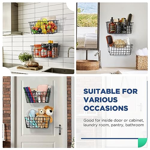 2 Pack Hanging Wall Basket Wire Storage Baskets, Adhesive Basket for Cabinet Door Organizer No Drilling, Hanging Fruit Baskets for Kitchen, Pantry Organization, Bathroom, Black - style: No Drilling,2pack