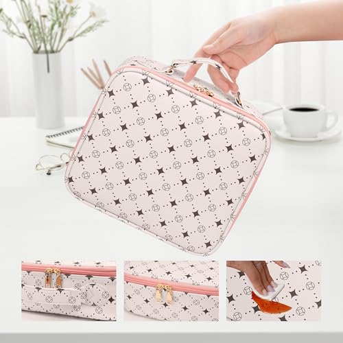 M Y U R E N Travel Makeup Bag,Waterproof Cosmetic Organizer, Adjustable Dividers,Portability Cosmetic Train Case,Makeup organizer,Gift for Women,Girls Gift (Beige+Pink) - color: Beige+Pink
