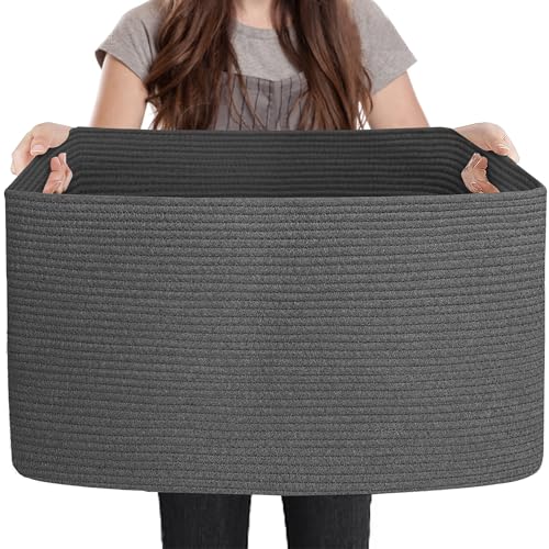 MEGASKET Extra Large Rope Basket, 23.6" x 17" x 12" Rectangle Wicker Baby Laundry Basket, Kids Toy Storage Baskets, Woven Basket for Blankets Clothes Pillows, Laundry Room Organization, Dark Grey - color: Dark Gray, size: 23.6"x17"x12