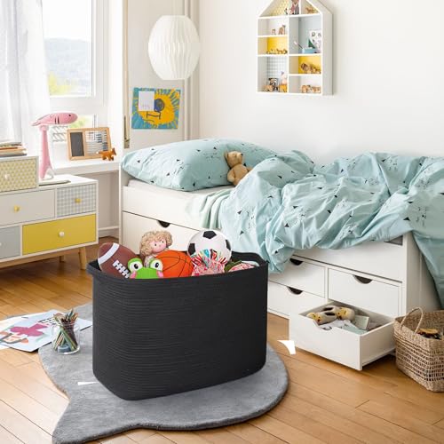 MEGASKET 108L Extra Large Storage Basket, 25" x 16" x 16" Black Blanket Basket Living Room, Oversized Cotton Rope Blanket Storage, Woven Kids Dog Toy Bin Box Organizer, Laundry Shoes Towel Bin, Black - color: Black, size: 25"x16"x16"