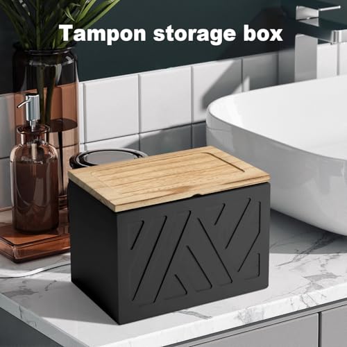 Tampon Holder for Bathroom, Feminine Product Organizer, Pad Organize Case with Lid, Shark Week Wooden Tampon Storage Decor, Lady Girl Stuff Box for Toilet Bathroom Accessories- Black - color: Black