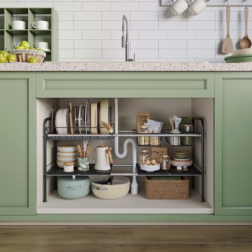 NETEL Adjustable Under Sink Organizers and Storage,Pots and Pans Organizer Under Kitchen Cabinet,Pan Lid Organizers inside Cabinet,Expandable Cabinet Storage Shelf with Pan Rack and 7 Dividers - size: Multi-functional with pot holder