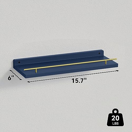 WOPITUES Floating Shelves with Gold Metal Guardrail, Shelves for Wall Decor Set of 3, Wall Shelves for Bedroom, Bathroom, Kitchen, Living Room, Plants, Picture Frames, Art- Gold in Navy Blue - color: Gold in Navy Blue, size: 15.7 inch