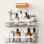 Orimade Adhesive Shower Caddy Soap Dish Holder Shelf with 5 Hooks Bathroom Organizer Basket Kitchen Storage Rack Wall Mounted No Drilling Stainless Steel - 3 Pack,Silver - color: Silver - 2 Pack with Soap Dish