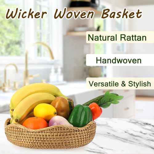 Hipiwe Natural Rattan Tray Wicker Storage Bowls Hand Woven Basket Tray for Bread Fruit Key Round Fruit Baskets for Kitchen Entryway Tabletop Decorative Baskets Bowl,10 Inches - color: Natural Color, size: Medium,10"