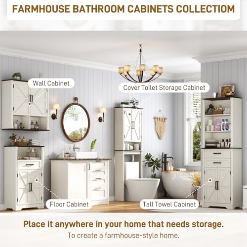 Farmhouse Bathroom Storage Cabinet,Double Wooden Bathroom Wall Cabinet with Roman Column Decor, Farmhouse Medicine Cabinets w Barn Doors,Storage Cabinets Wall Mounted for Kitchen(Rustic White) - color: Rustic White, style: Wall Double Storage Cabinet